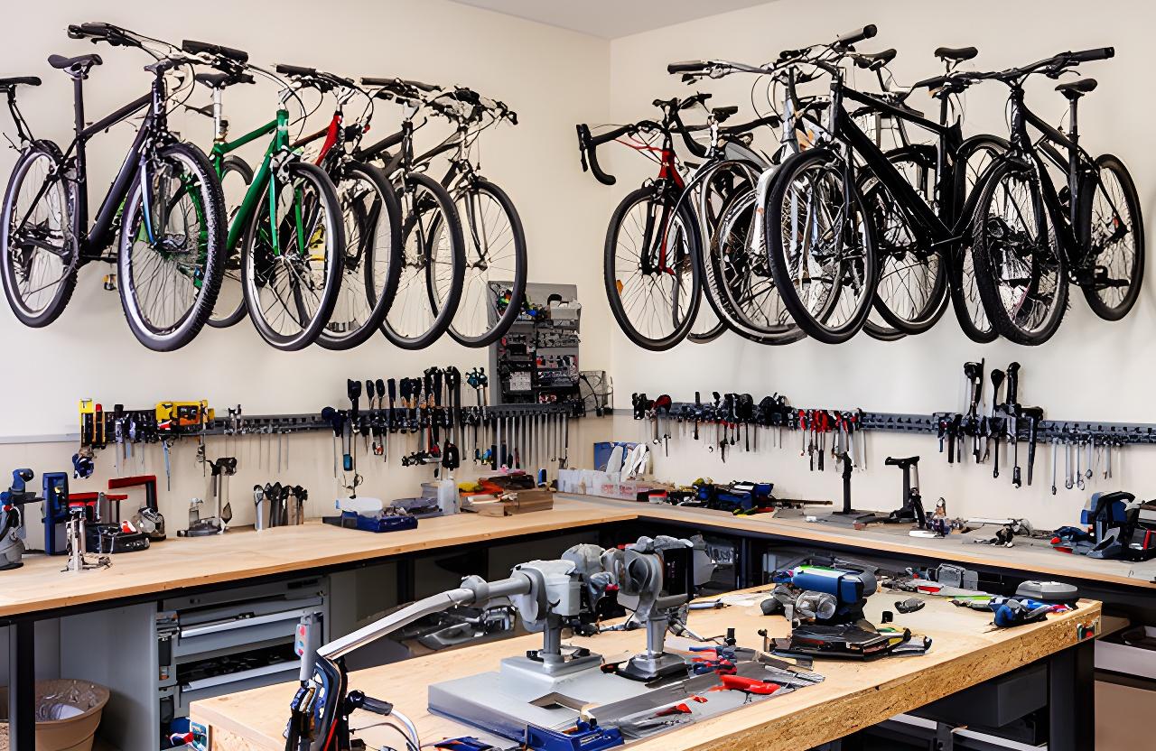 Interior da oficina da Manuel's Velocidade & Mais com bicicletas penduradas, ferramentas organizadas e bancada de reparação