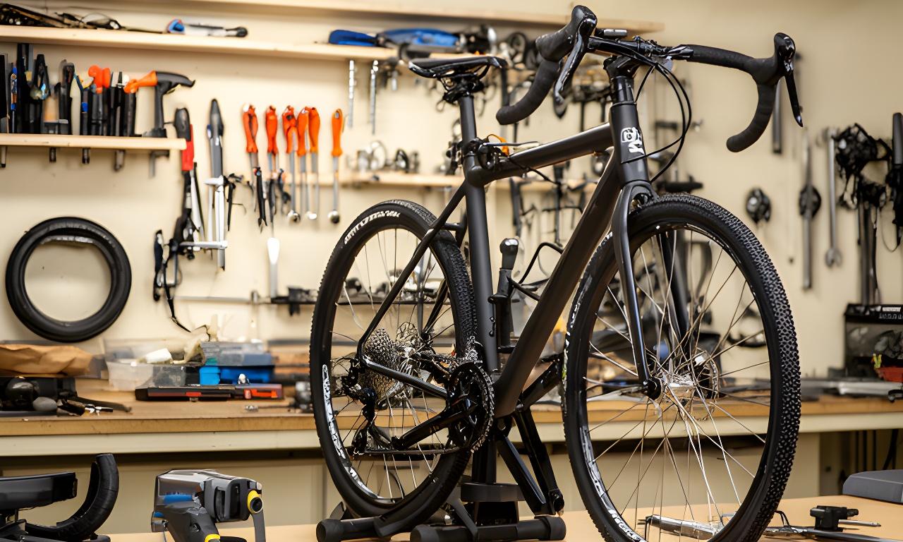Oficina de bicicletas em Tondela com ferramentas organizadas e uma bicicleta em reparação