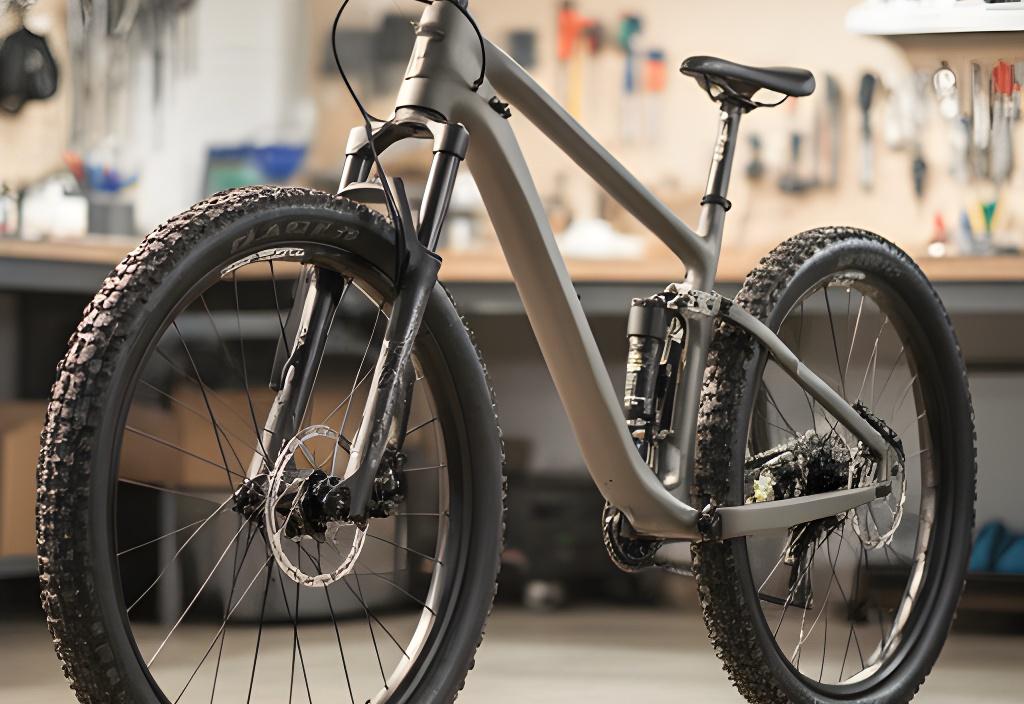 Bicicleta BTT nova com quadro mate e pneus largos exposta numa oficina luminosa
