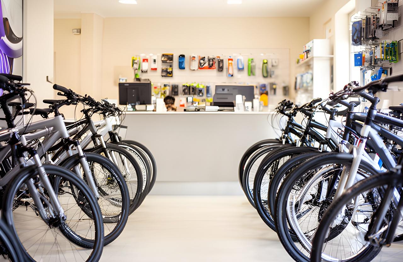 Loja de bicicletas em Tondela com vários modelos alinhados, acessórios expostos e balcão de atendimento