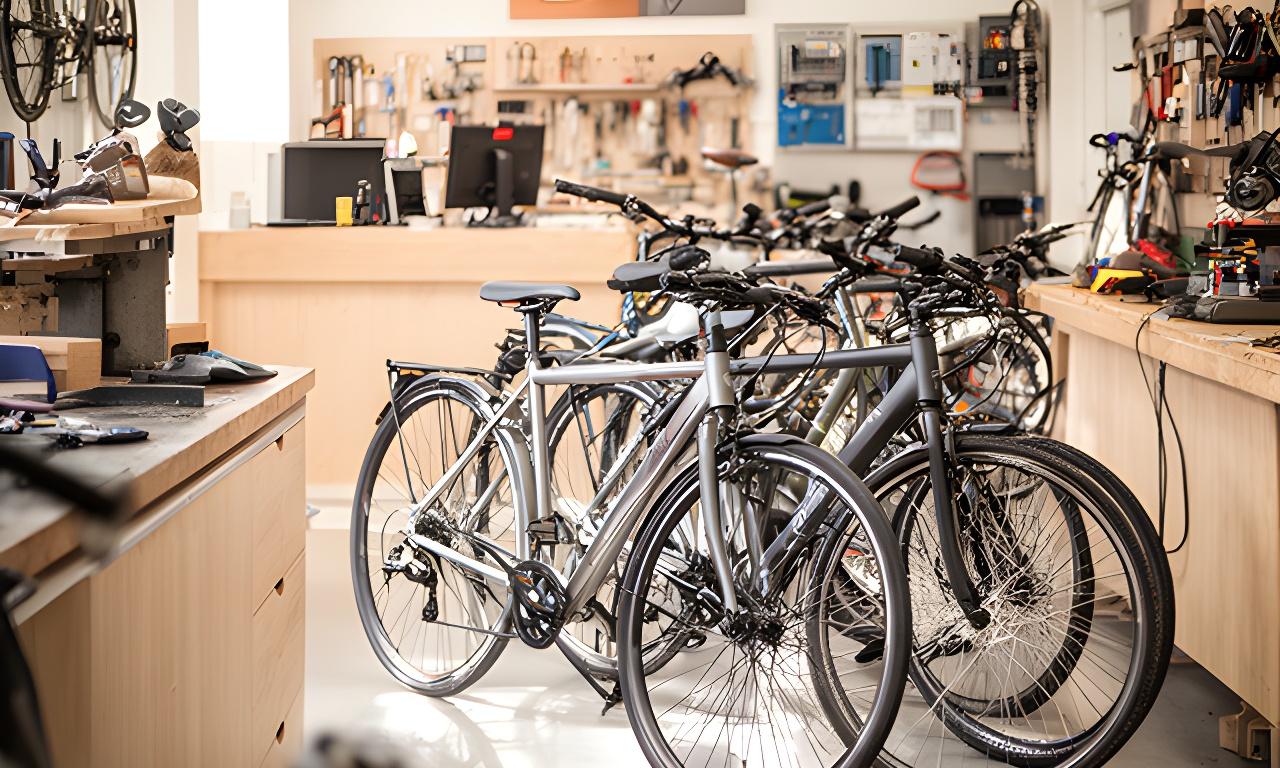 Bicicletas alinhadas dentro da oficina da Manuel's Velocidade & Mais, com balcão, ferramentas e espaço de atendimento em Tondela