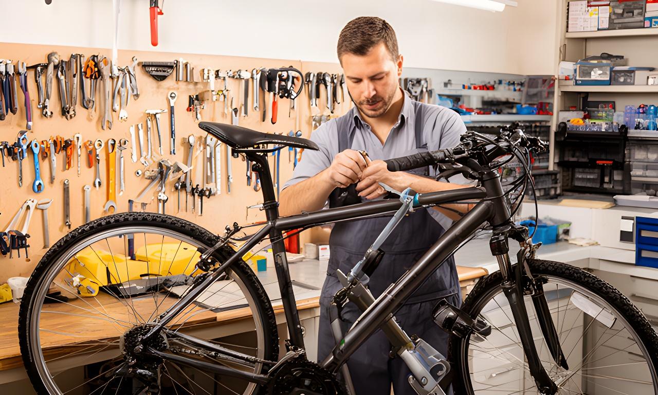 Técnico a trabalhar numa bicicleta dentro de uma oficina luminosa com ferramentas organizadas na parede
