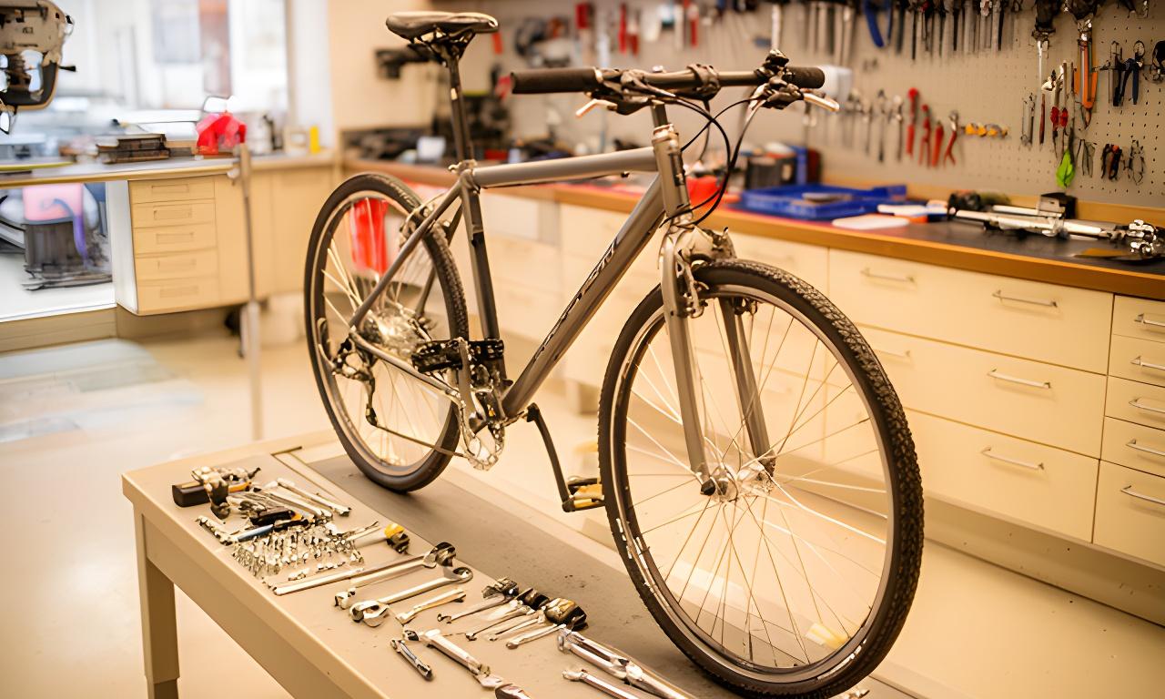Bicicleta em reparação numa oficina luminosa em Tondela, com ferramentas alinhadas e bancada limpa