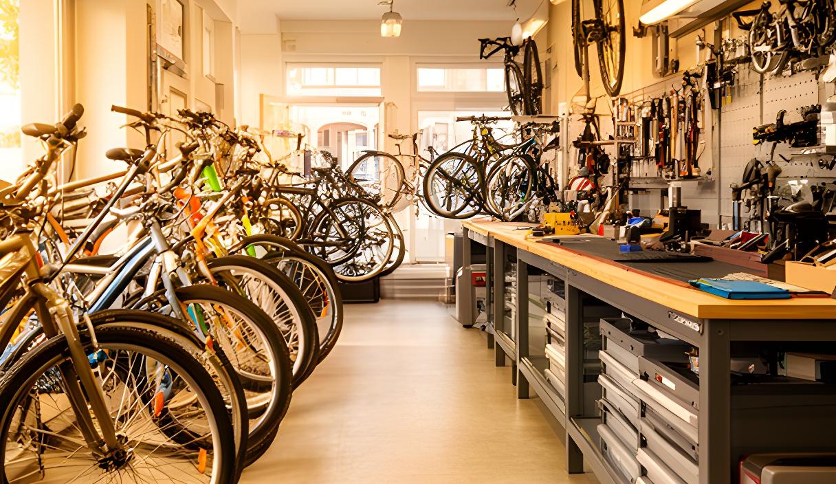 Interior da loja com bicicletas alinhadas e bancada de oficina organizada em Tondela
