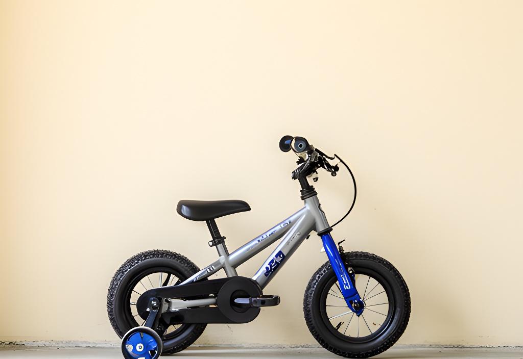 Bicicleta infantil usada de tamanho pequeno, encostada numa parede clara com roda estabilizada