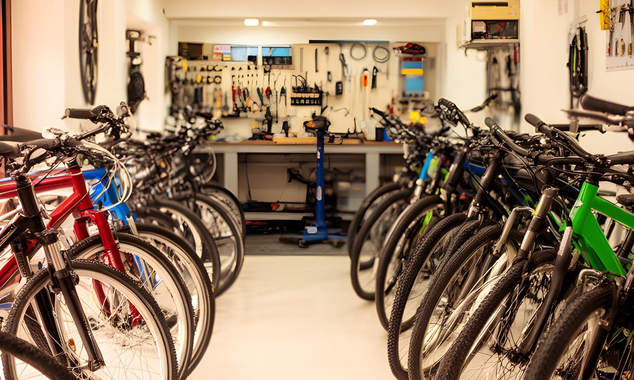 Loja de bicicletas em Tondela com várias bicicletas alinhadas e área de reparação visível