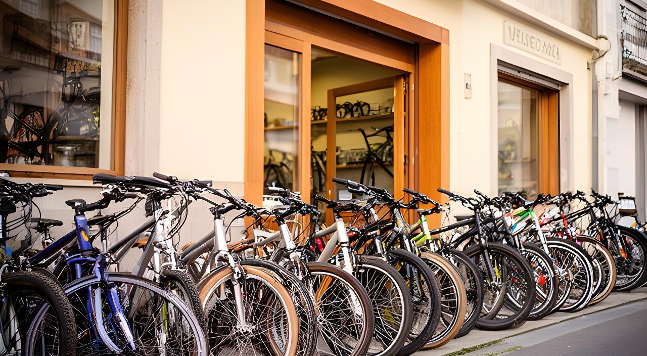 Equipa da Manuel's Velocidade & Mais à entrada da loja em Tondela, com bicicletas alinhadas e fachada luminosa