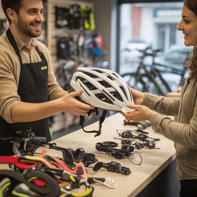 Ajudante de loja a entregar um capacete e acessórios a um cliente no interior da Manuel's Velocidade & Mais