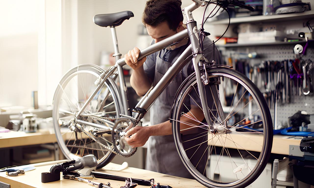 Mecânico a ajustar uma bicicleta numa oficina organizada em Tondela, com bancada de ferramentas e luz natural