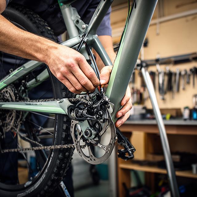 Técnico de reparação a ajustar travões de uma bicicleta de montanha na oficina da Manuel's Velocidade & Mais