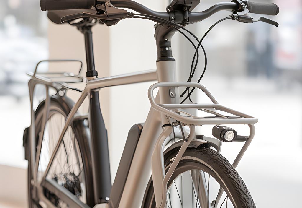 Bicicleta eléctrica urbana nova junto a uma montra, com mala traseira e luzes montadas